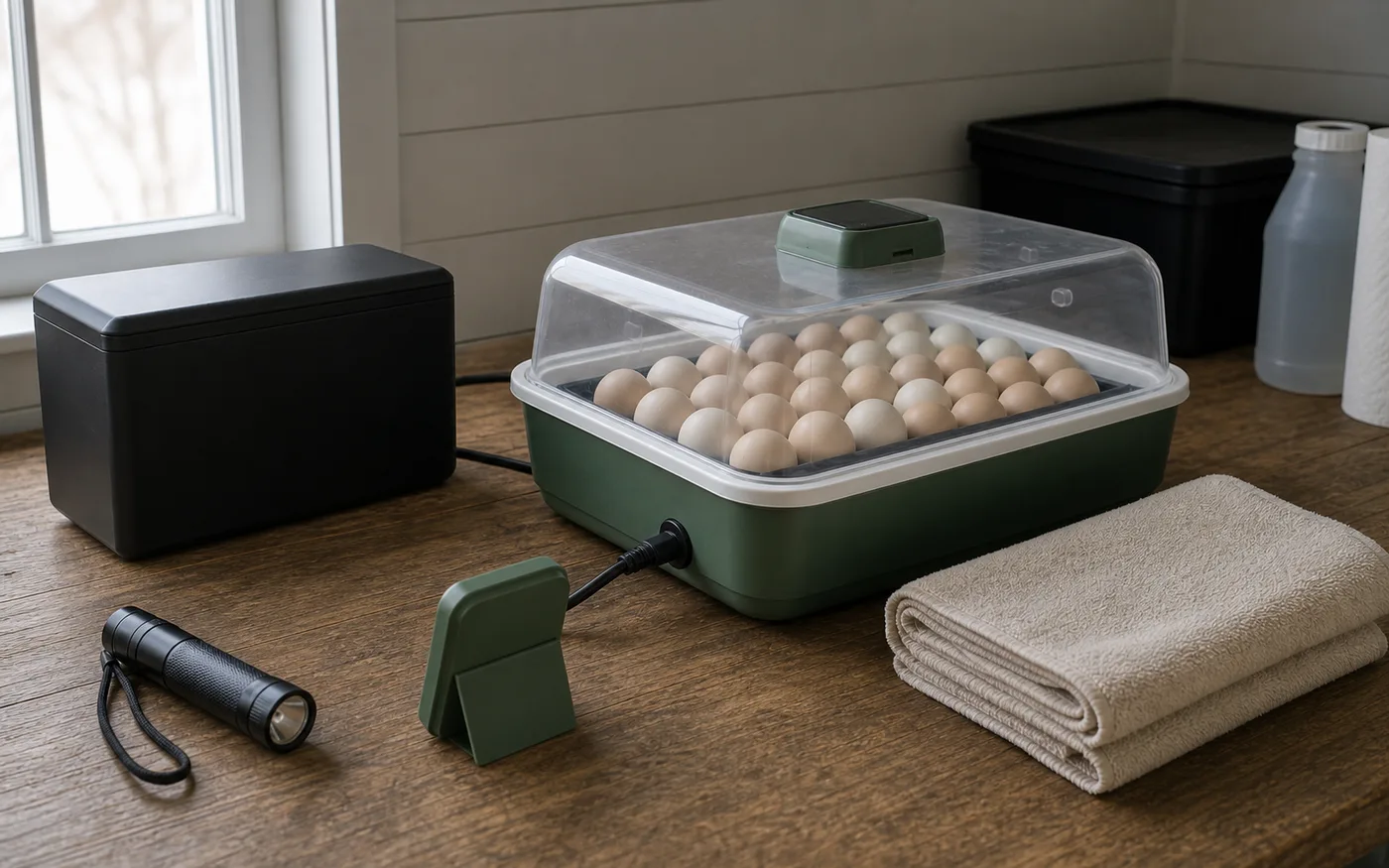 An incubator outage setup with backup power, towel, and flashlight