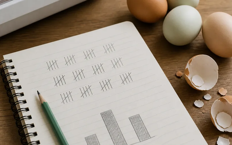 A hatch results notebook with tally marks, eggs, and clean eggshells